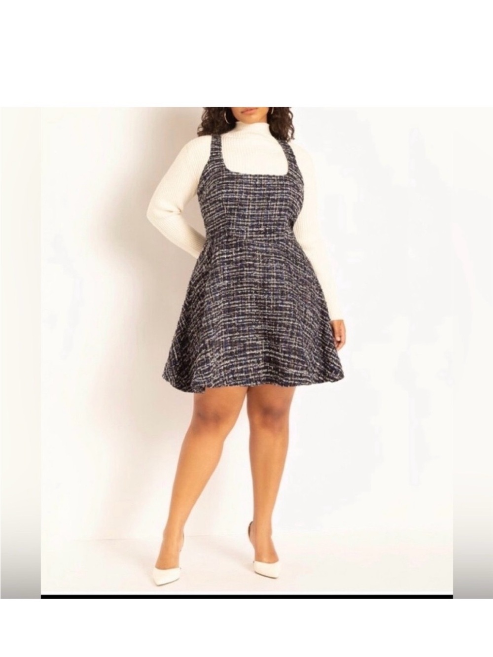 Eloquii Navy and White Tweed Mini Pinafore Dress